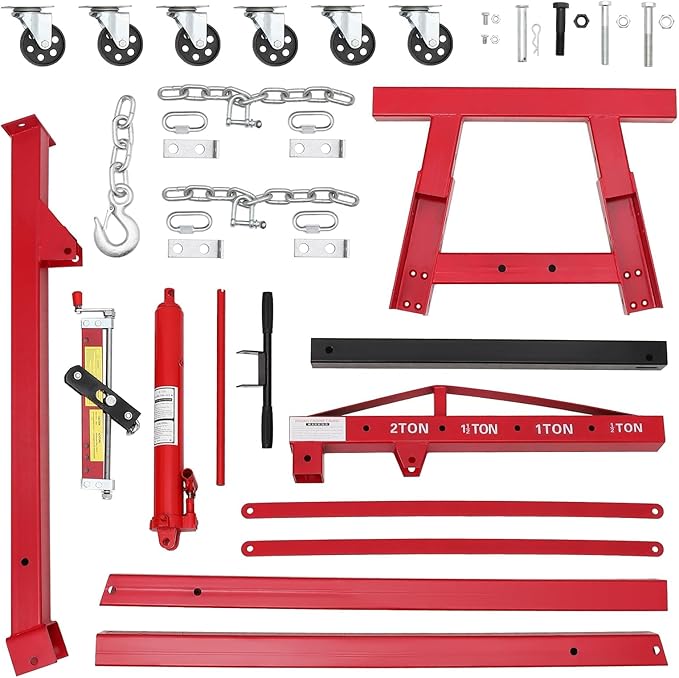 2 Ton Engine Hoist, Folding Cherry Picker Engine Hoist with Lever and 6 Casters, Heavy Duty Hydraulic Shop Crane, Engine Crane Lifter for Workshops Garage Warehouse, Red