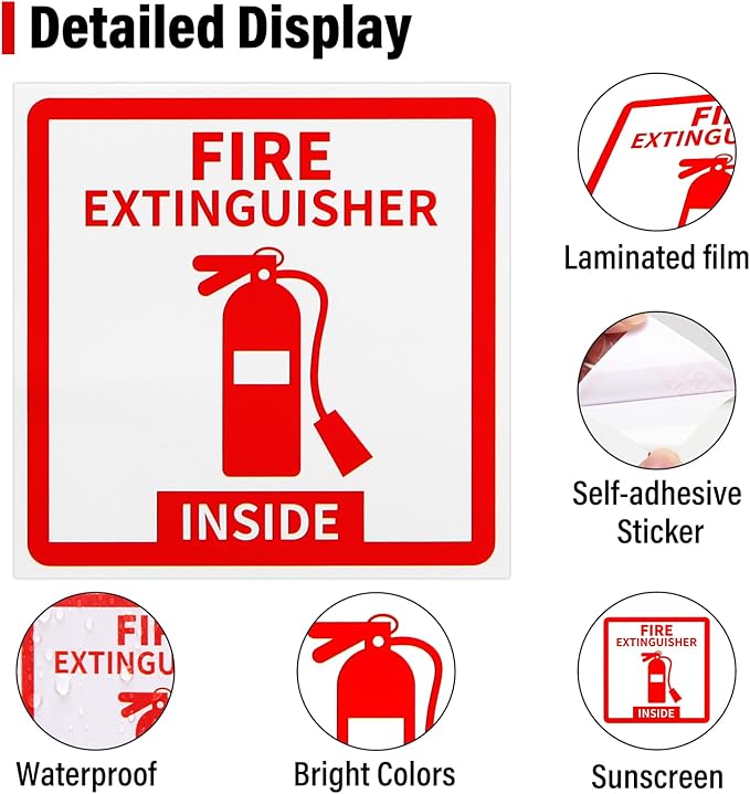 Madrigal Fire Extinguisher Inside Sticker Sign,8Pack 3x3" Self-Adhesive Vinyl, Weatherproof & UV Protected for Cars, Trailers, Rv's, Trucks and Vehicles, Red on White