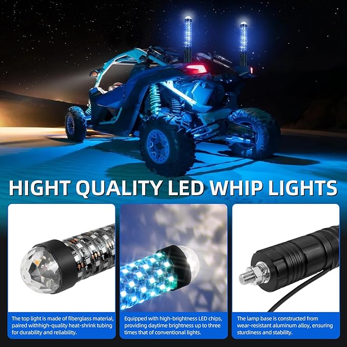DREAMIZER 2Pack 1FT Fat Whip Lights New Upgraded Spiral LED Whip Light with Strobe Light RGB Chasing Dancing Lighted Antenna Whips W/APP&Remote Control for SXS UTV ATV RZR Can-Am X3 Off-Road Truck