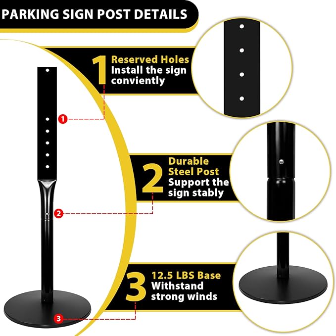 Parking Sign Post with Base - 20 Lbs Heavy Duty Parking Sign Stand for Hanging Traffic Construction Street Warning Notice, Movable Black Cast Iron Base Stand for Outdoor Use, 1 Pack