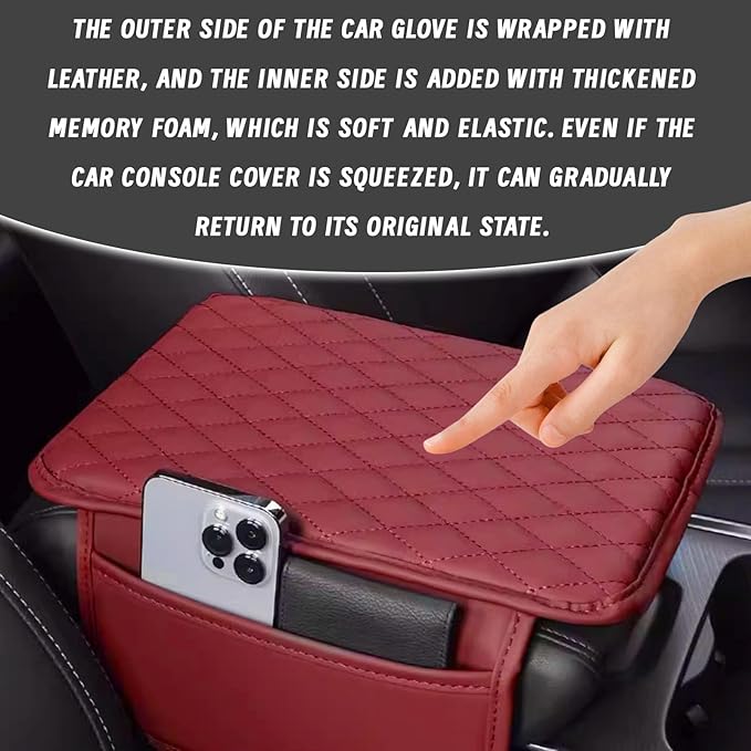 Car Center Console Cover, Upgraded Leather Arm Rest Cover for Car SUV, Car Middle Armrest Console Cover with 2 Storage Bags Scratch Resistant Waterproof Universal Car Accessories (Red)