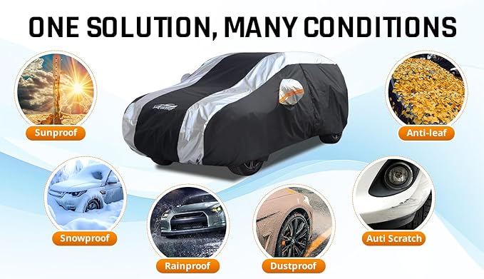 Small Car Cover All Weather Protection with Silver Stripe Design,Hatchback Car Cover Universal Fit Nissan Leaf, Honda Civic Hatchback, Mazda 3 Hatchback, VW Golf, Toyota Corolla Hatchback