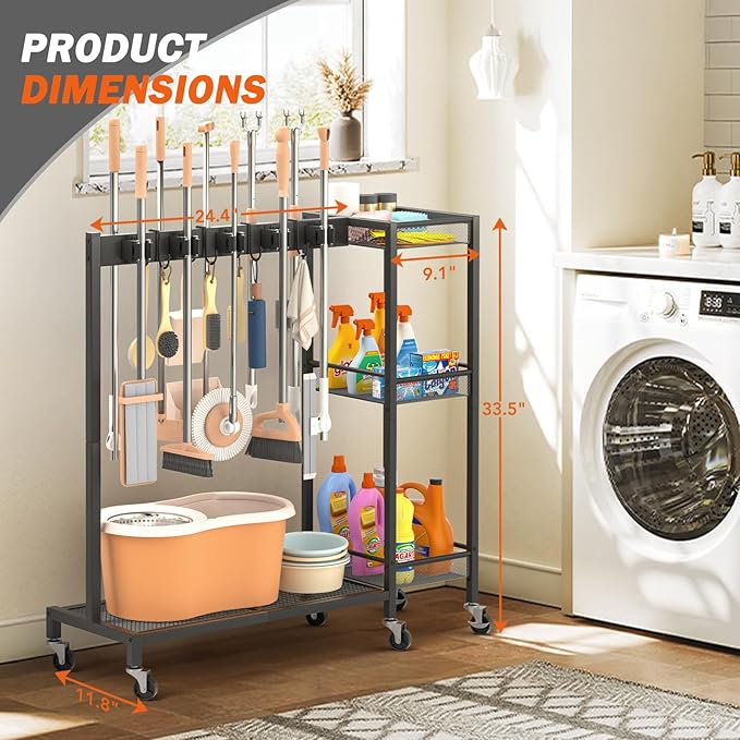 Broom Holder with Cleaning Supplies Organizer, Broom Closet Storage Cabinet with Cleaning Caddy, Cleaning Cart with Mop Hanger Gripper Rack Hooks,Janitorial Housekeeping cart,Laundry Room Organization