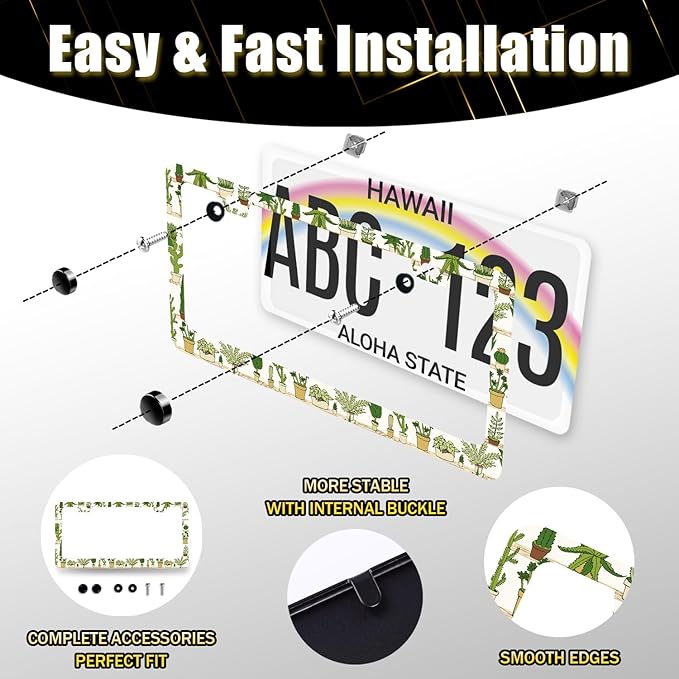 Cute Cactus License Plate Frame Tropical License Plate Holder Stainless Steel Funny Design Compatible with Standard License Plate for USA Canada 12.3" x 6.3" with 2 Screws