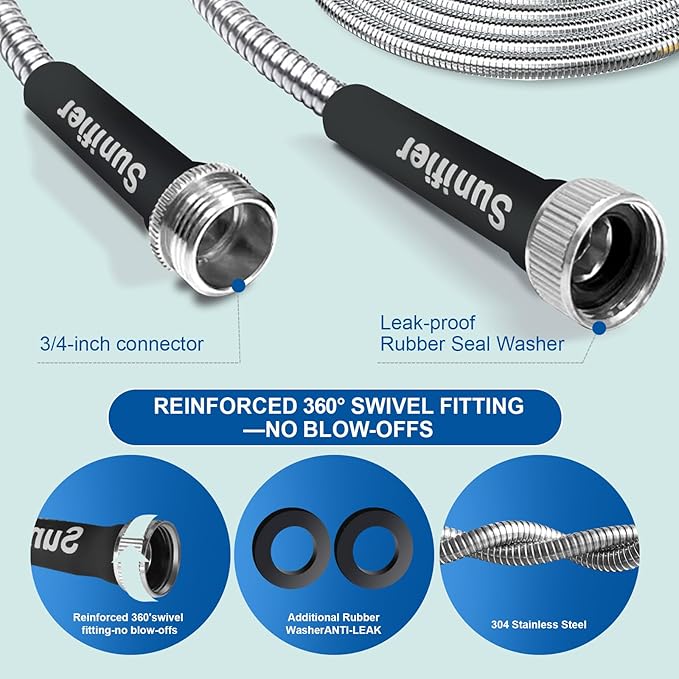Metal Garden Hose 100 Ft Flexible Stainless Steel Garden Hose 100 Foot Heavy Duty Water Hose With High Pressure Hose Nozzle Sprayer for Garden, Lawn(100 Feet)
