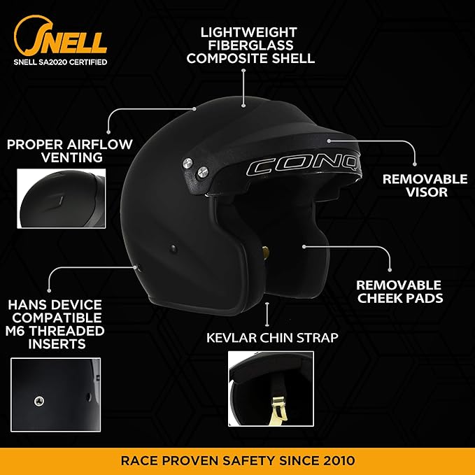 Conquer Snell SA2020 Approved Open Face Auto Racing Race Car Helmet - Adult | Men | Women | Youth - ( Black / White / Silver )