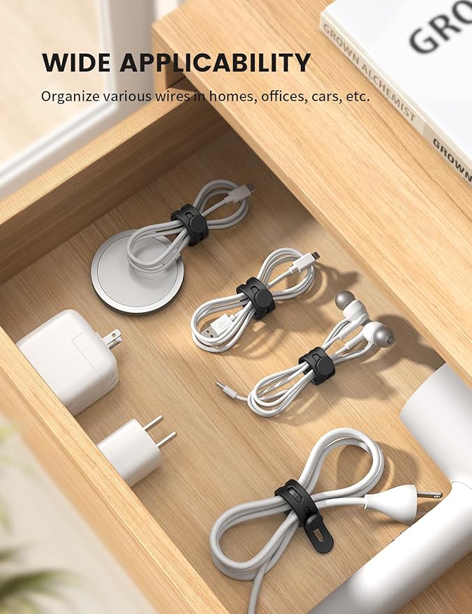 20Pack Silicone Cable Ties Cord Organizer Wrap - Lamicall Reusable Washable Wire Ties Management with Lock Buckle, Elastic Adjustable Charger Cable Strap, Electrical Cord Keeper for Travel Essentials