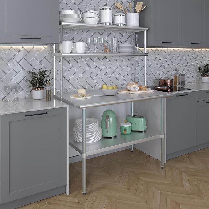 Amgood Stainless Steel Work Table Double Tier Overshelf | Metal Kitchen Prep Table & Shelving Combo (30" x 48" Work Table + 12" Overshelf)