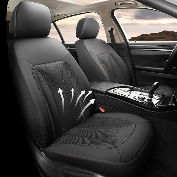 GIANT PANDA 2 Front Leather Car Seat Cover for Hyundai,3D Air Cool Mesh Thick Seat Covers Custom Fit Hyundai Sonata Elantra Santa Fe Tucson Accent Kona Palisade Genesis Venue Ioniq (Black)