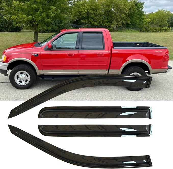 4pcs Original Shatterproof Outside Mount Style Window Rain Guard Shield Side Window Wind Deflectors Dark Smoke Vent Window Visors Compatible with 2009-2014 F-150 SuperCrew/Crew Cab Only 94155