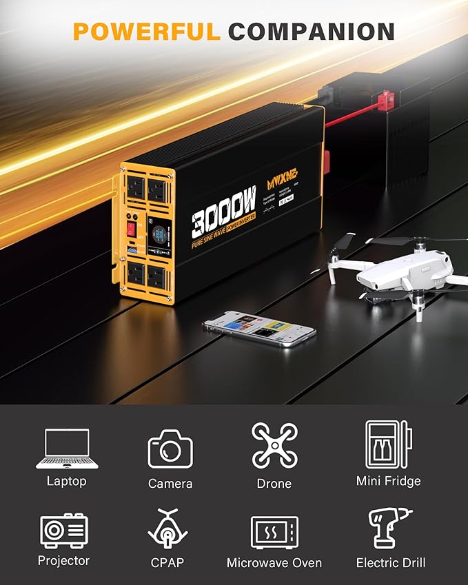 3000W Pure Sine Wave Inverter 24V DC to 110V 120V AC Converter for RV Truck Home Off-Grid Solar Power Inverter with Type-C PD30W/USB Port QC3.0 Quick Charging, 4 AC Outlets, Remote Control
