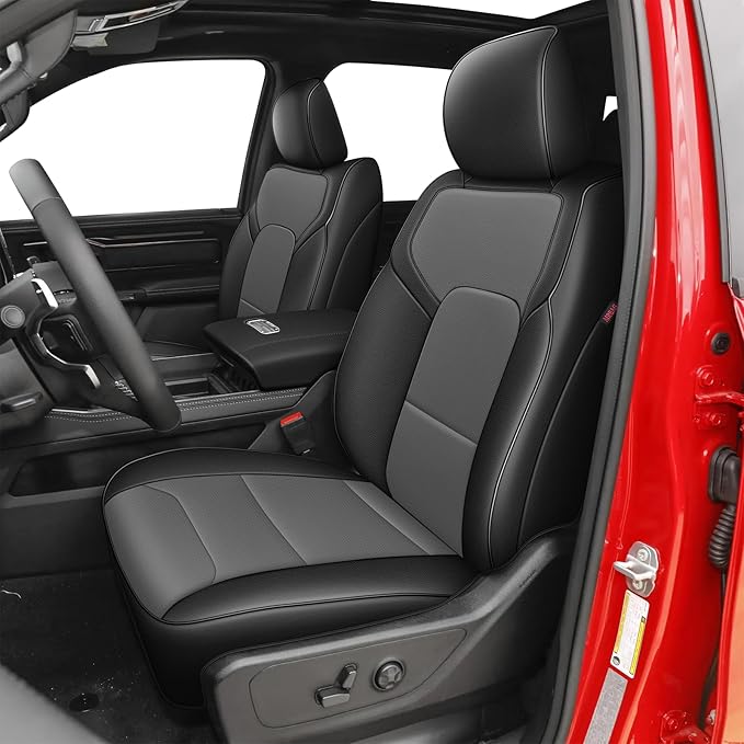 AOMSAZTO Custom Fit Seat Covers for Ram 1500: 2019 2020 2021 2022 2023 2024 2025 Faux Leather Car Seat Covers Full Set Black+Gray
