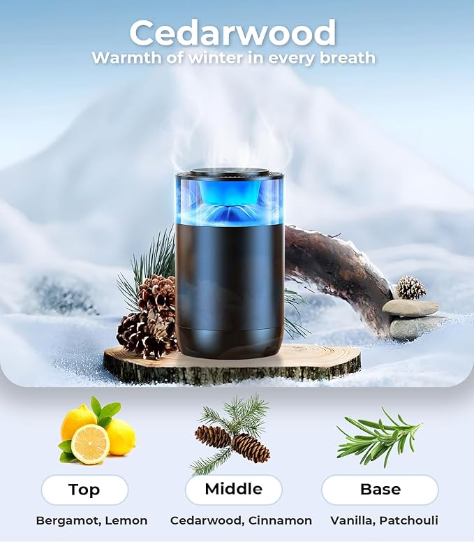 Smart Car Air Fresheners, Ambient Light & Mist Fragrance, Auto On/Off Car Air Freshener Diffuser, Adjustable Intensity, Lasts 6 Months, Built-in Battery, Premium Scents Refill X2 - Cedarwood
