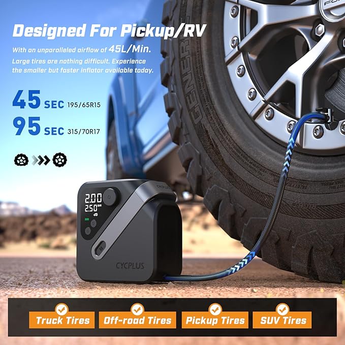 CYCPLUS AL7 Tire Inflator Portable Air Compressor for Trucks & Pickups – 4X Faster High-Powered Tire Inflator, Portable Design for Heavy-duty Vehicle & Inflatables, Dual-Use Type