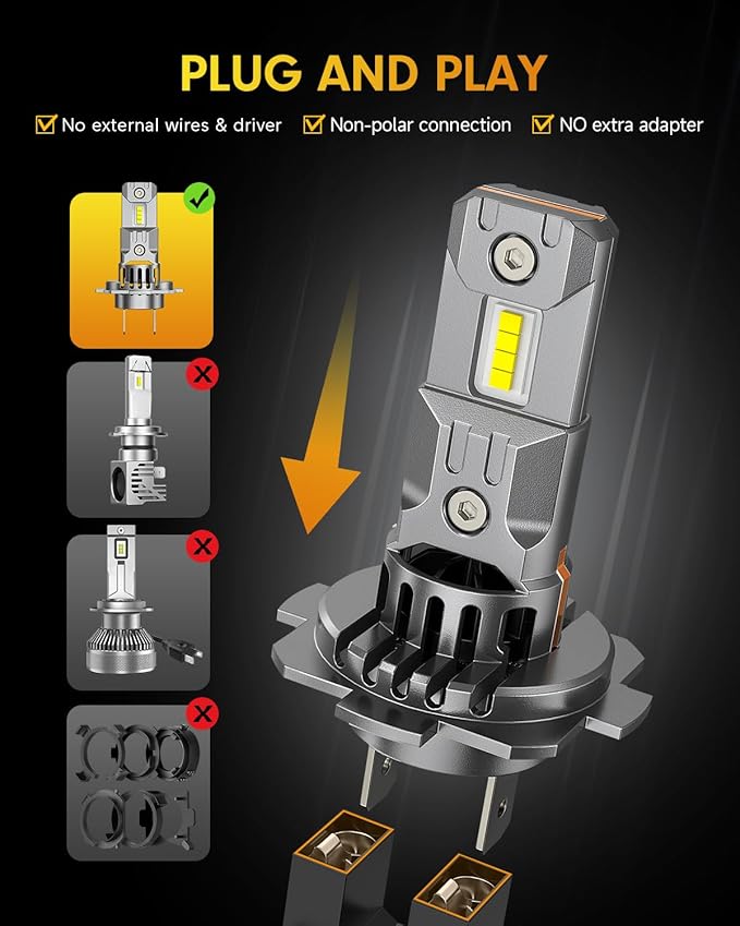 FAHREN Upgraded H7 Bulbs, 60000LM 1000% Ultra Bright 6500K White Light, Mini Size No Adapter Needed, Plug and Play HID H7 Fog Lights, IP68 Waterproof, Pack of 2
