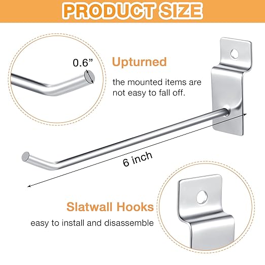 Moxweyeni 100 Pcs Heavy Duty Slatwall Panel Hooks Hanging Metal Slat Wall Hanging Hooks Silver Slat Wall Hanger Commercial Grade Slatwall Pegs Accessories for Shop Retail Display(6 Inch)