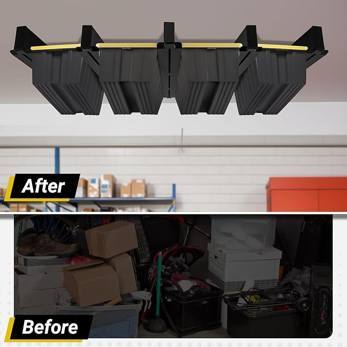 Overhead Garage Storage Rack 4-Bin, Heavy Duty Ceiling Racks w/ 400 LBS Load Capacity for Utility Bin, Powder Coated Tote Rack for Garages, Sheds, Storerooms,(5 PCS, for 4 Bins)
