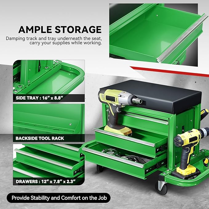 Auto Dynasty 3-Drawer Mechanic Rolling Seat, 350 LBS Capacity Roller Garage Shop Seat with Storage Tool Tray for Workshop, Repair Shop, Warehouse, Green