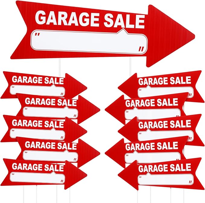 Wenqik 12 Pcs Garage Sale Signs with Stakes Double Sided Neon Arrow Signs with Stakes 17 x 6 Inches High Visibility This Way Plastic Garage Sale Decoration(Red and White)