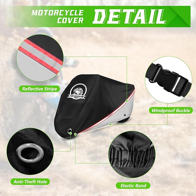 COVERVIN Motorcycle Cover, All Weather Outdoor Waterproof Night Protection with Reflective Strips, Locking Holes and Storage Bag for 96 Inch Suzuki, Kawasaki, Honda, Harley-Davidson(Silver XL)