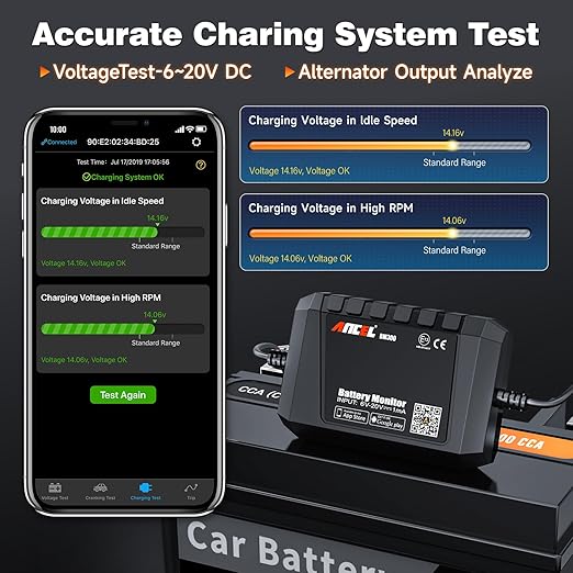 ANCEL BM300 12V Battery Monitor, Bluetooth 4.0 Automotive Voltmeter with Charging, Cranking System Test & Alarm - Compatible for Solar Power Systems, RVs, Motorcycles, Boats, Cars, and Trucks