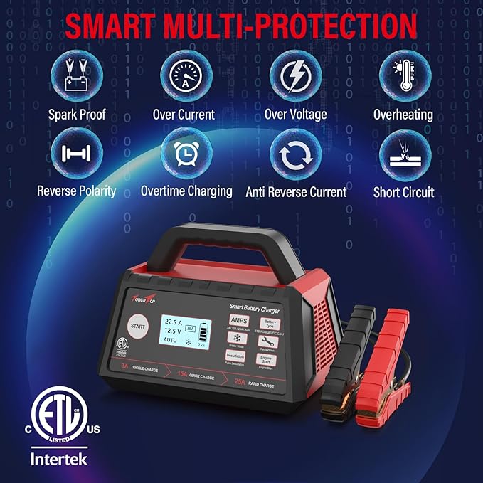 TowerTop 3/15/25 Amp Car Battery Charger, 12V Fully Automatic Smart Battery Maintainer with Engine Start, Auto Desulfator, Battery Repair, for All Lead-Acid and LiFePO4 Batteries