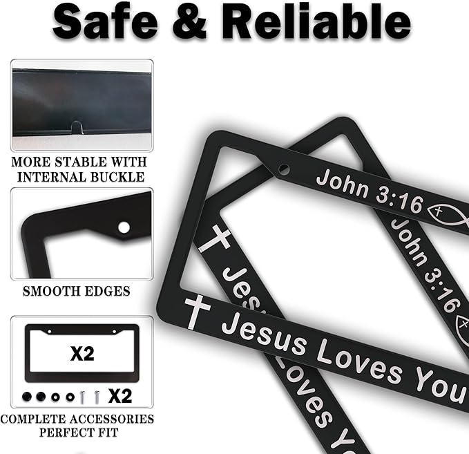License Plate Cover Black and White License Plate Frames John 3:16 Jesus Loves You Universal Aluminum Car Accessory 2 Pack with Screw Covers Set