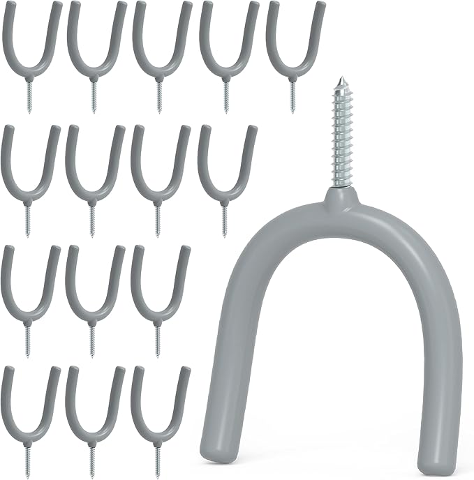 POETISKE Screw in U Utility Hooks Wall Mount Garage Storage Organizer Hanger Hanging Shovels Broom Guitar Garden Tools Heavy Duty Vinyl Holder 16pack