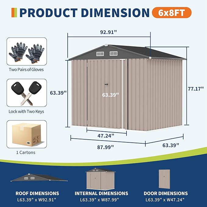 6x8x6.4 FT Outdoor Storage Sheds with Floor, Metal Garden Tool Shed for Backyard, Large Metal Sheds Outdoor Storage With Lockable Doors & Air Vents for Backyard Garden Patio Lawn