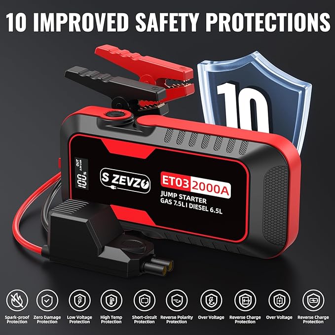 S ZEVZO ET03 Car Jump Starter 2000A Jump Starter Battery Pack for Up to 7.5L Gas and 6.5L Diesel Engines, 59.2Wh Portable 12V Jump Box with USB Ports, LCD Display, Storage Case, and LED Light