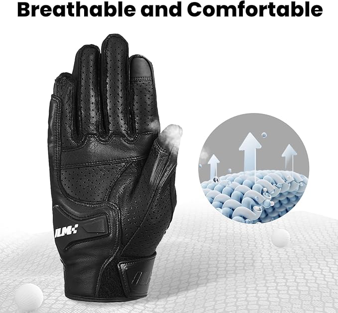 ILM Goatskin Leather Motorcycle Motorbike Powersports Racing Gloves Touchscreen for Men and Women Model DN01(S, Black Perforated)