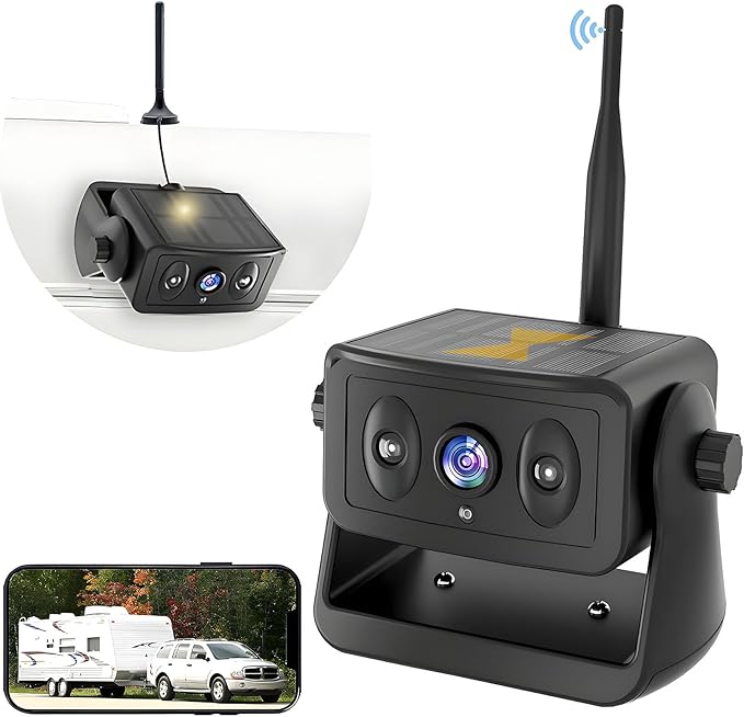 Wireless Backup Camera for RV/Truck/Camper/Trailer - Solar-Powered Strong Magnetic Mount, No Wiring/Drilling, HD Night Vision, Waterproof, Low Power - Works with iPhone & Android (Easy Installation)