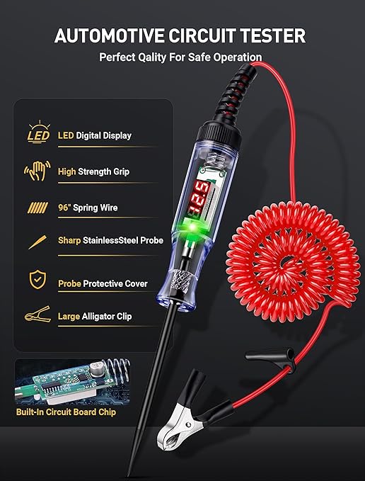 Automotive Test Light with 5-120V LED Digital Voltage Display, Circuit Tester Automotive with Voltmeter & Dual Color Polarity Indicator, Electrical Test Pen with Long Probe for Car RV Fuse Checker
