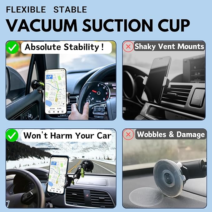 Suction Cup Phone Mount, Ultra-Stable Phone Holder for Vlog Shooting, 360 Rotation for Windshield, Roof Glass, Car Window, Fit for All Smartphones