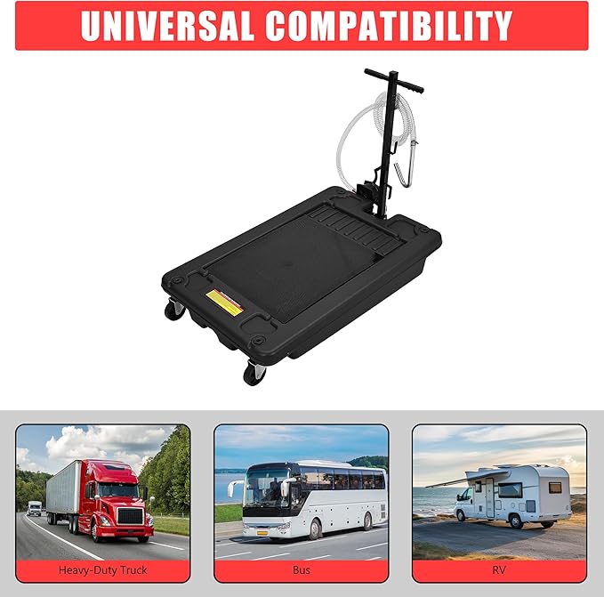 ‌17 Gal Low Profile Oil Drain Pan, Heavy Duty Mobile Oil Changing Pan with Hand Pump, 8 Ft Hose & Quick Drain Valve, Leak-Proof Design for Truck Car Motorcycle, Garage Workshop Use