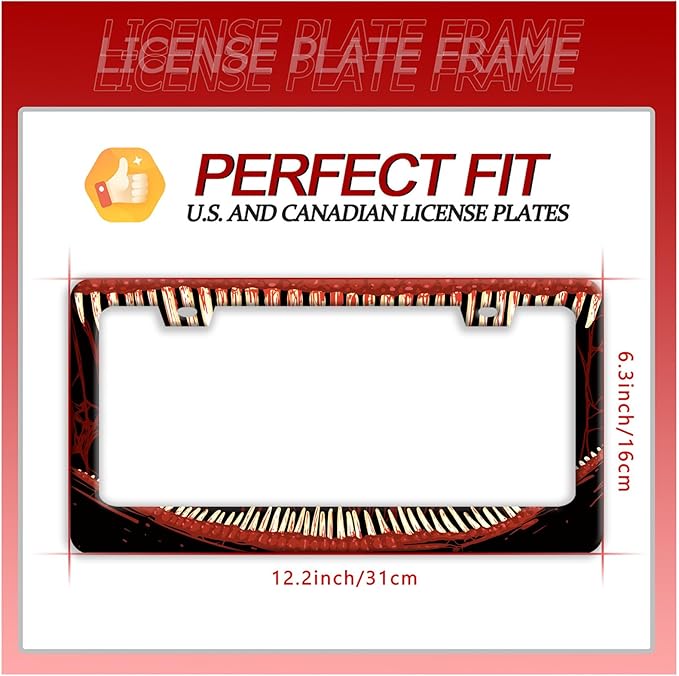 Funny Bloody Teeth License Plate Frame Scary Mouth License Plate Holder Stainless Steel Accessories Cars Decor with 2 Holes and Screws Fits Standard Us Ca Vehicles License Plate Frames 12.2 X 6 Inch