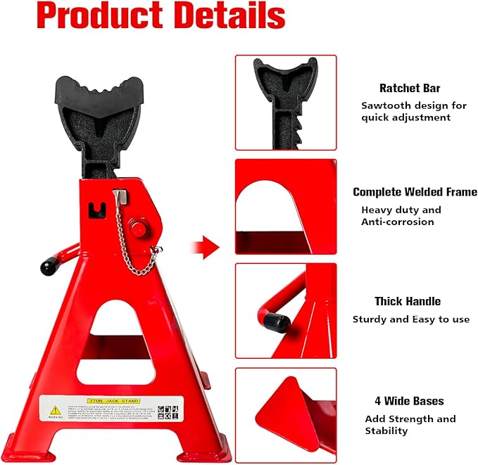 Jack Stands 3 Ton (6,600 LBs), 11.22"-16.54" Adjustable with Double Pin Locking for Reinforced Safety. Car Jack Stand with Extra Rubber Pads for Trucks, Home,Garage,Lifting,1 Pair Red