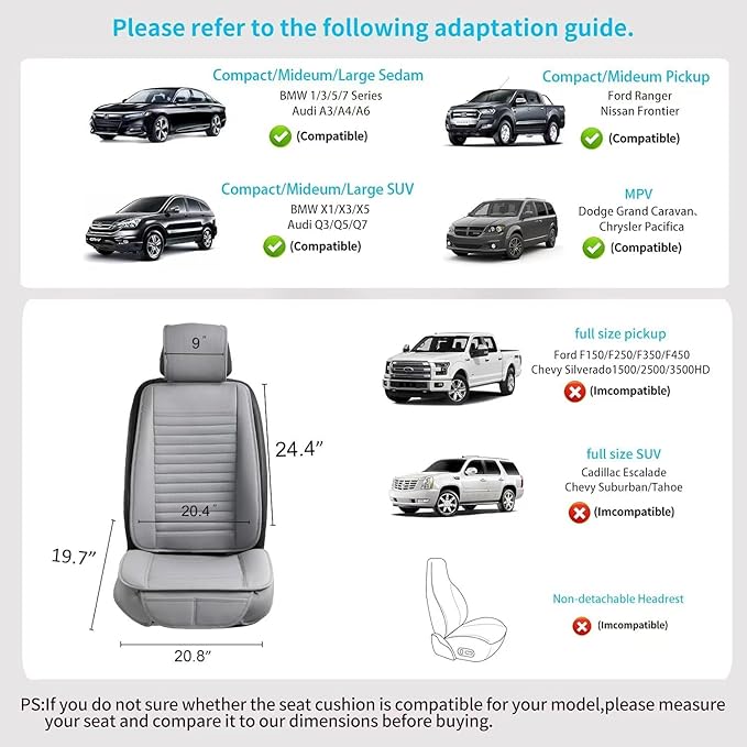 Universal Leather Car Seat Covers Full Set, Car Seat Cushion Covers Protector for Cars SUV Pick-up Truck Van Interior Accessories(Gray)