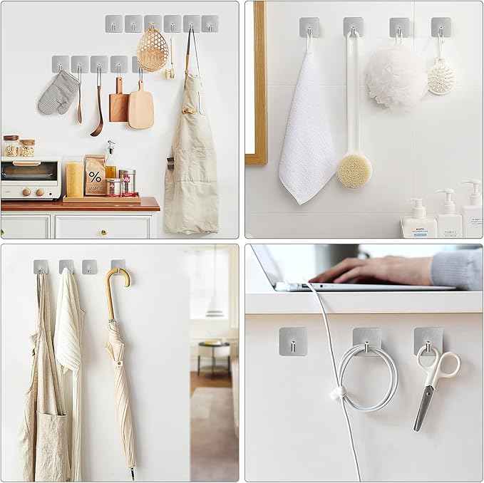 VIS'V Adhesive Hooks, Heavy Duty Shower Wall Stick on Hooks, Waterproof, 2 Extra Adhesive Strips, Silver, 4 Pcs