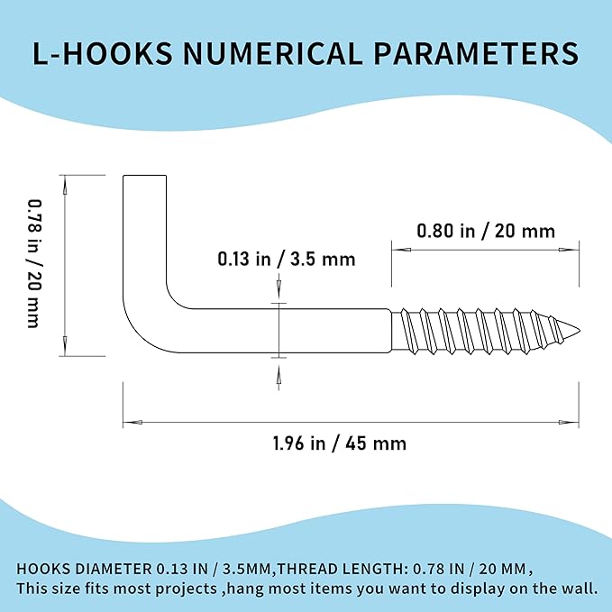 304 Stainless Steel 2 in Screw-in Hooks 60 Pcs,7 Shape Screw Hooks,Right Angle Medal Hooks l Shaped Screw in Hooks for Hanging