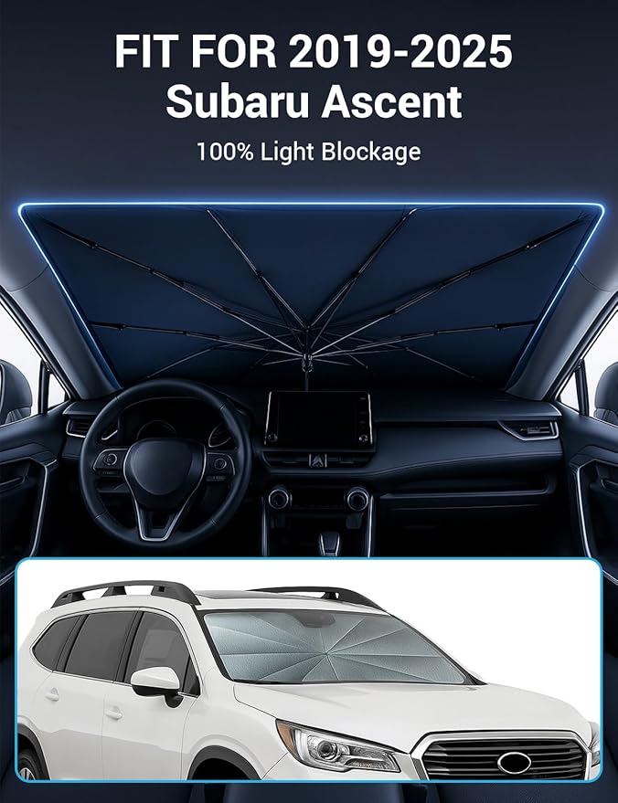 Proadsy Windshield Sun Shade Umbrella for Subaru Ascent 2019-2025 2026 Foldable Car Umbrella Sunshade with Soft TPU Handle Spring Structure Crystal Cooling Material Protect Car from Rays & Heat