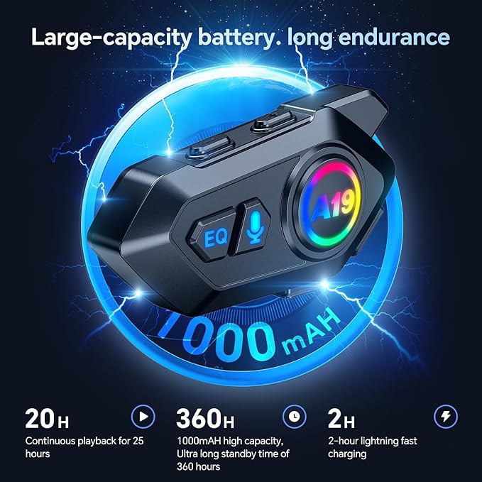 Motorcycle Helmet Bluetooth Headset, Outdoor Wireless Bluetooth 5.4 Headphone Speakers Noise Cancellation Intercom Communication Systems with IPX6 Waterproof/Strong Bass