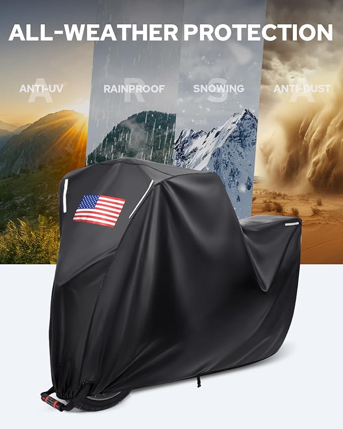 Benlari Motorcycle Cover Waterproof Outdoor, Heavy Duty Motorcycle Cover, Universal All Season Protection Night Reflective with Lock-Holes American Flag Fits up to 104" Motorcycles Vehicle Cover