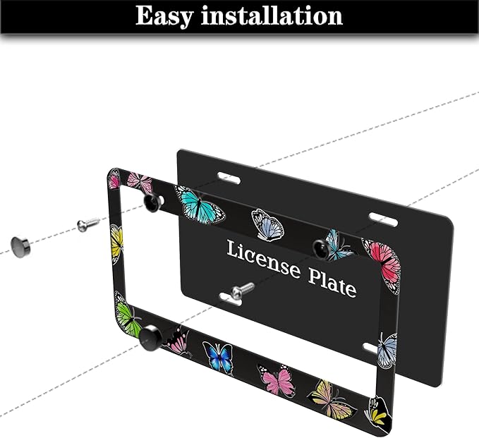 License Plate Frames for Women Multicolor License Plate Frame Holder for Men Butterfly Aluminum Metal Car Accessory 2 Pack with Screw Covers Set