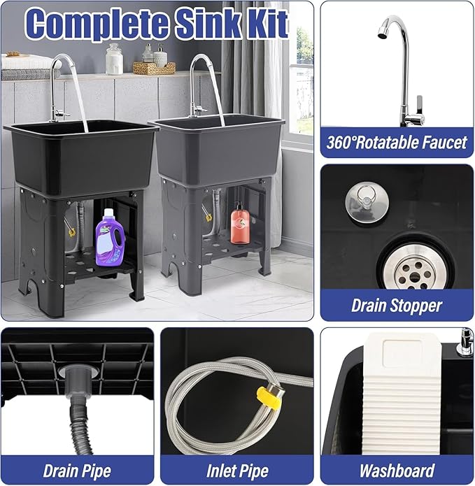 Free Standing Utility Sink with Washboard Laundry Tub Sink for Outdoor,Garage,Basement,Garden wuth Faucet,Drain,Storage Shelf (Gray, 23.6 * 15.8 * 30.1in)
