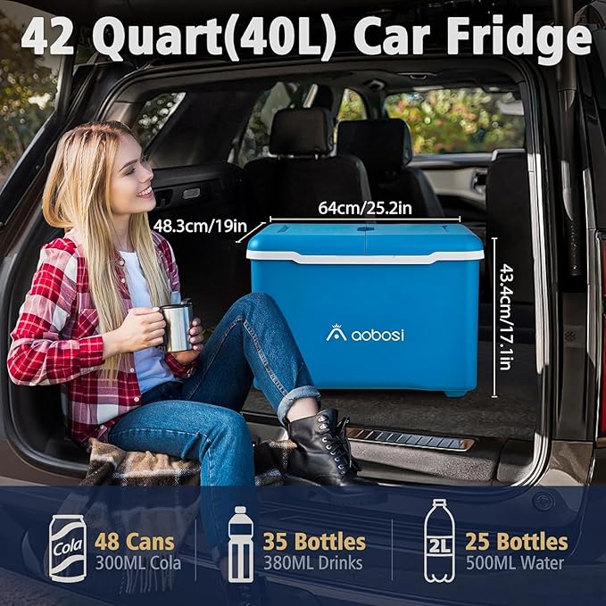 AAOBOSI Car Fridge, 42Quart(40L) Portable 12 Volt Car Refrigerator Cooler with Wheels&Bluetooth Speaker&Handle&Battery Powered, -4℉~68℉ with 12/24V DC,100-240VAC for Camping, Beach,Party,Pool,Travel