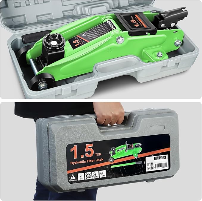 DNA MOTORING Low Profile Hydraulic Trolley Service/Floor Jack, 1.5 Ton (3000 lbs) Capacity, Lifting Range 5.3"-12", Green, TOOLS-00326-GR