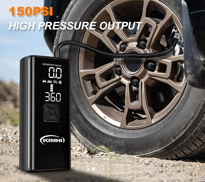 Tire Inflator Portable Air Compressor - KIMHI 150 PSI Cordless Car Air Pump,2X Faster Pump with 10000mAh Rechargeable Battery,Digital Pressure Gauge, LED Light,For Car,Motorcycle and Ball