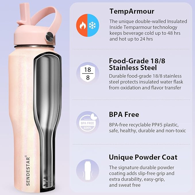 SENDESTAR 32oz Stainless Steel Water Bottle(Cold for 48 Hrs, Hot for 24 Hrs),Double Wall Vacuum Insulated Bottle with Straw Lid, Spout Lid and Flex Cap, Fit in Any Car Cup Holder TXIN-32-Laser Grey
