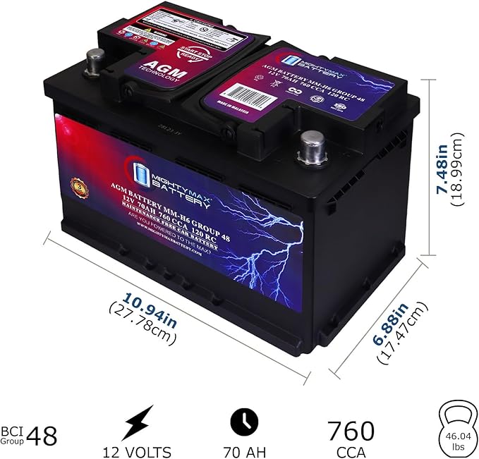 Mighty Max Battery MM-H6 Start and Stop Car BCI Group Size 48 12V 70 AH, 120RC, 760 CCA Rechargeable AGM Car Battery